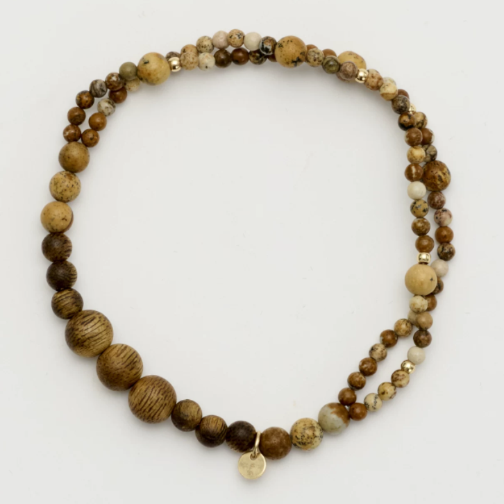 9-Year Cultivated Yingge Green Qi-Nan Agarwood & Picture Jasper Beaded Bracelet – 14K Gold-Filled Spacer Beads, Natural Gemstone Stretch Wristband with Calming Woody Aroma for Women