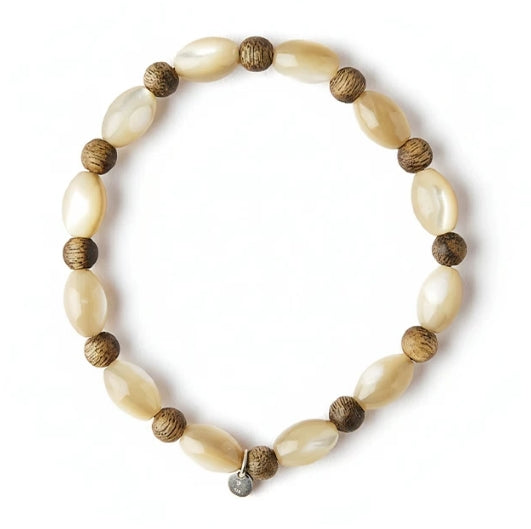 Agarwood & Trochus Shell Beaded Bracelet – Natural Cat‘s-Eye Luster Wooden Aroma Healing Gemstone Stretch Bracelet for Women