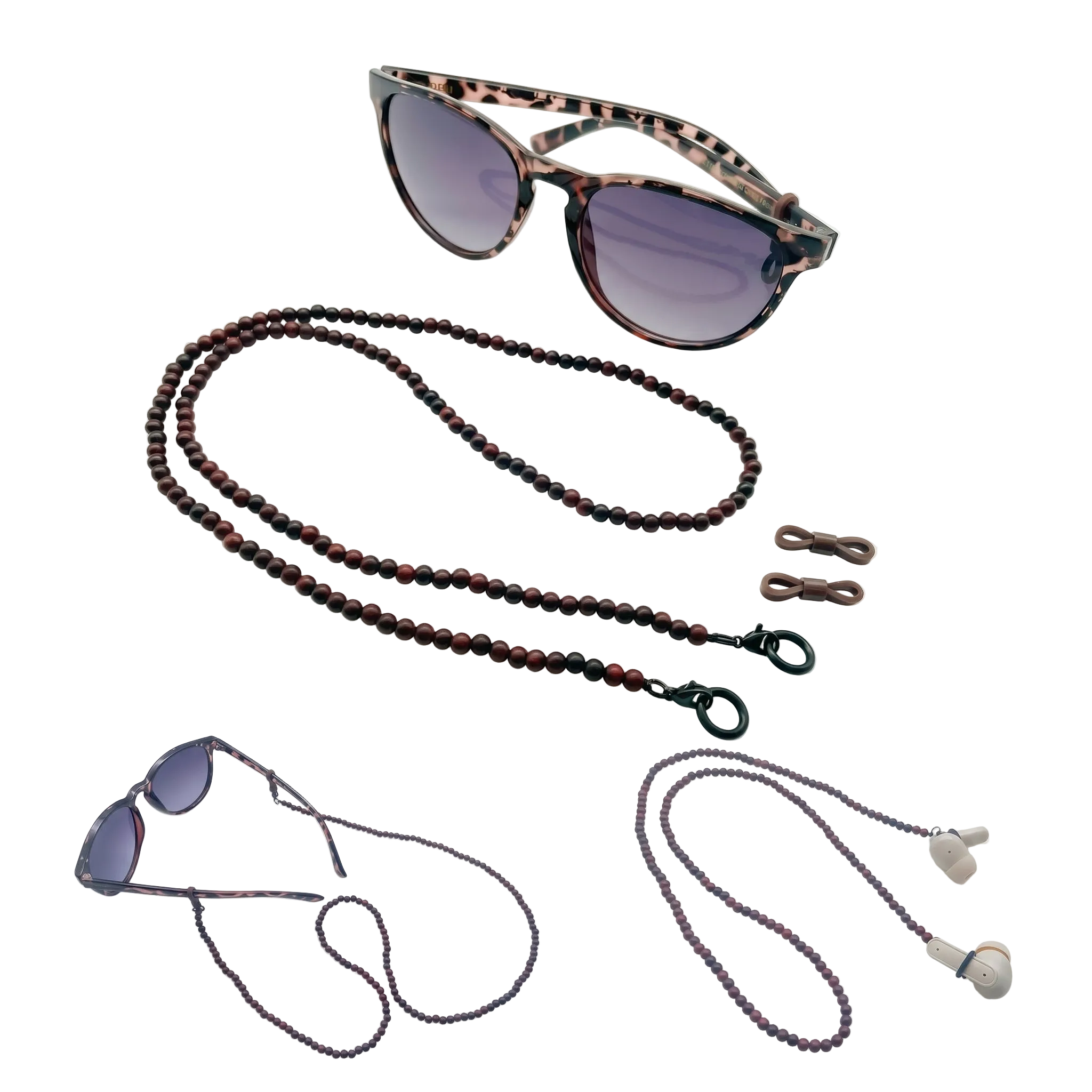Natural Bloodwood Beaded Eco-Friendly 5-in-1 Lanyard Stainless Steel Clasp Food-grade Silicone Rings for Sunglasses