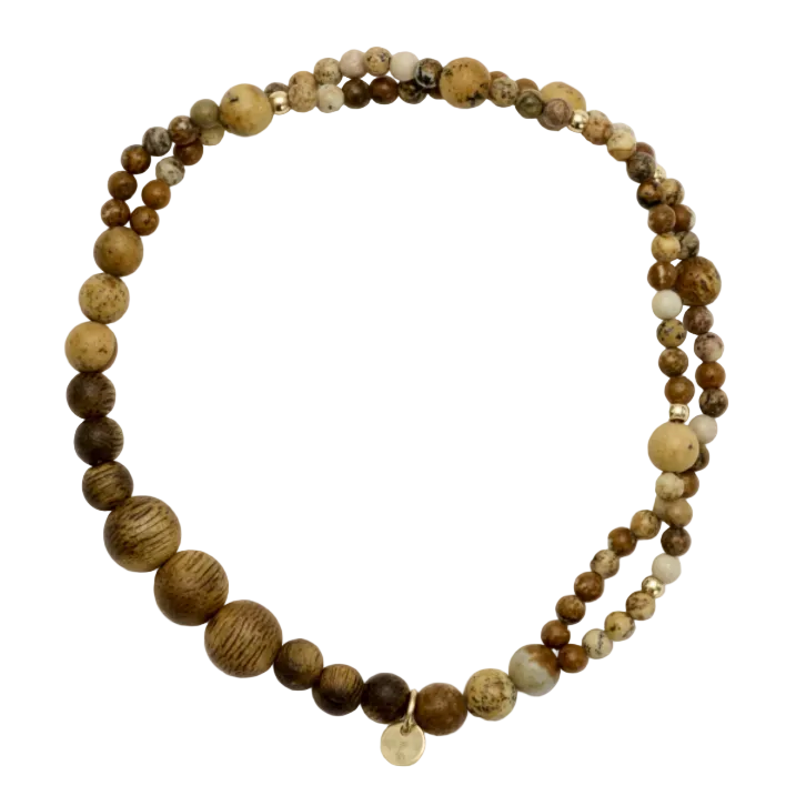 9-Year Cultivated Yingge Green Qi-Nan Agarwood & Picture Jasper Beaded Bracelet – 14K Gold-Filled Spacer Beads, Natural Gemstone Stretch Wristband with Calming Woody Aroma for Women