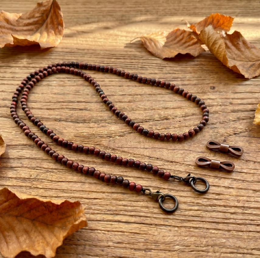 Natural Bloodwood Beaded Eco-Friendly 5-in-1 Lanyard Stainless Steel Clasp Food-grade Silicone Rings for Sunglasses