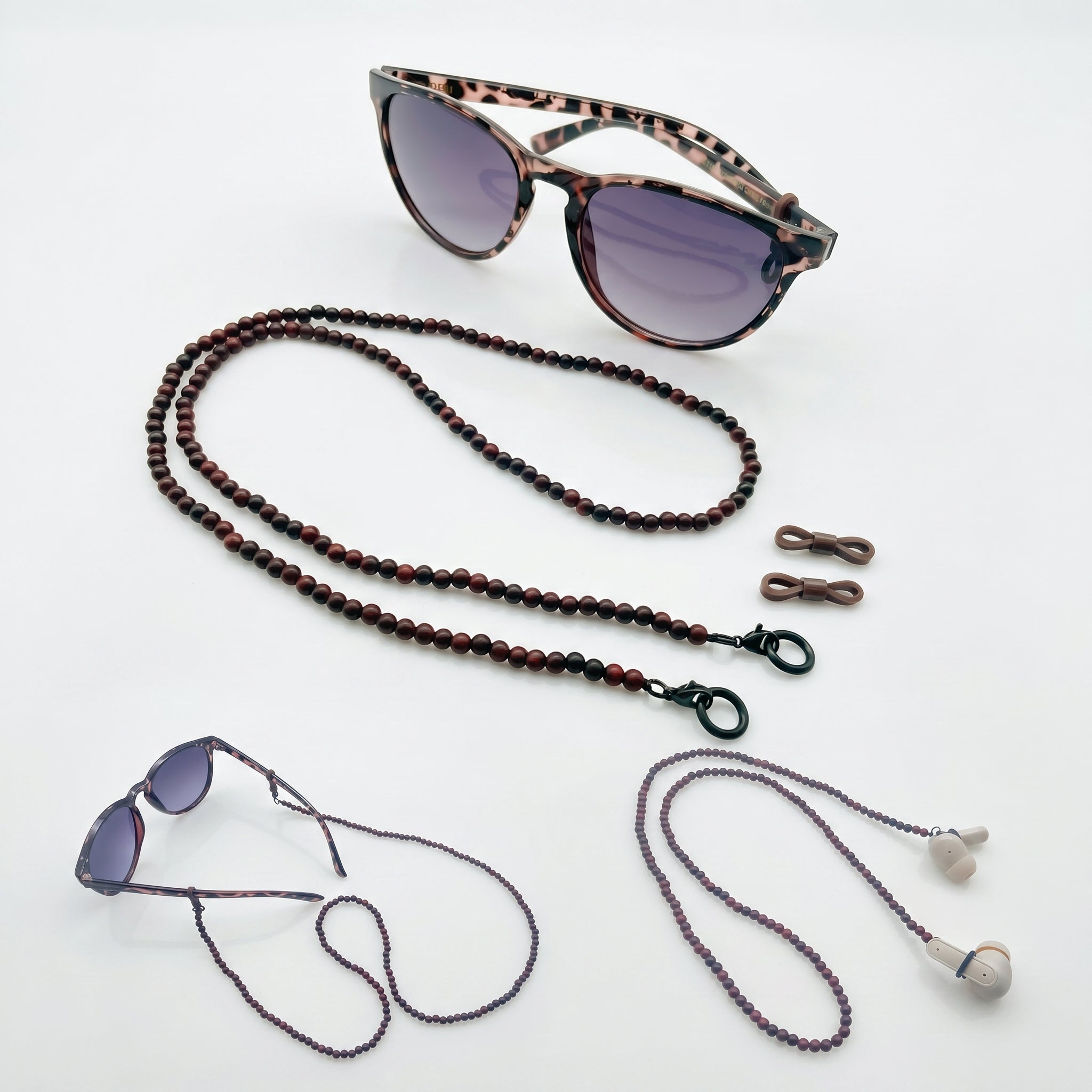 Natural Bloodwood Beaded Eco-Friendly 5-in-1 Lanyard Stainless Steel Clasp Food-grade Silicone Rings for Sunglasses