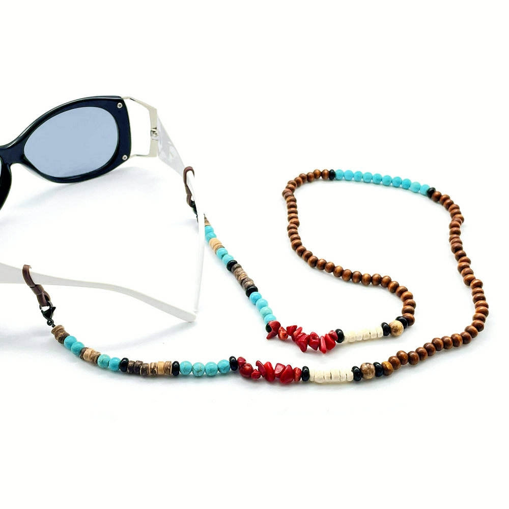 Natural Stone Red Jasper Turquoise Wood Beaded Chain Eyeglasses Mask Earphone Lanyard Stainless Steel Eco-Friendly Food-grade