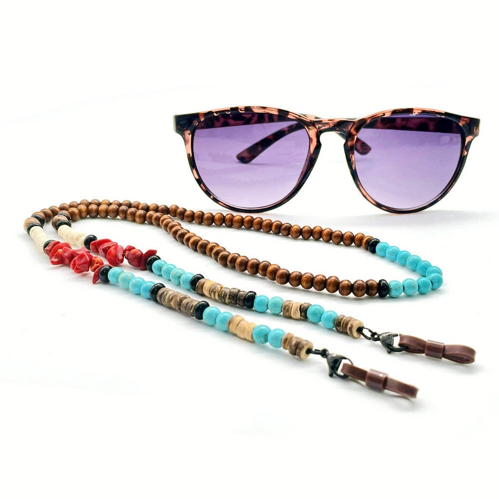 Natural Stone Red Jasper Turquoise Wood Beaded Chain Eyeglasses Mask Earphone Lanyard Stainless Steel Eco-Friendly Food-grade