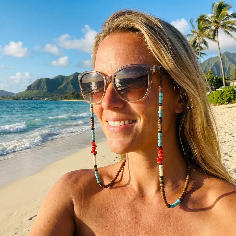 Natural Stone Red Jasper Turquoise Wood Beaded Chain Eyeglasses Mask Earphone Lanyard Stainless Steel Eco-Friendly Food-grade